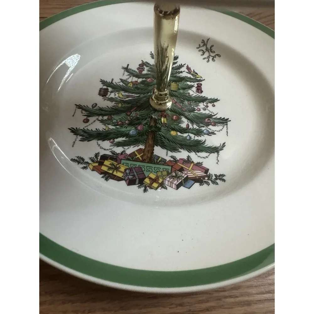Vintage Spode England Christmas Tree 2-Tier Serving Stand Holiday Tidbit Tray